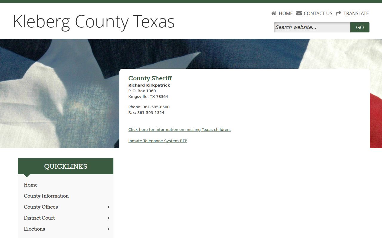 Kleberg County warrant records, official county sheriff contact page