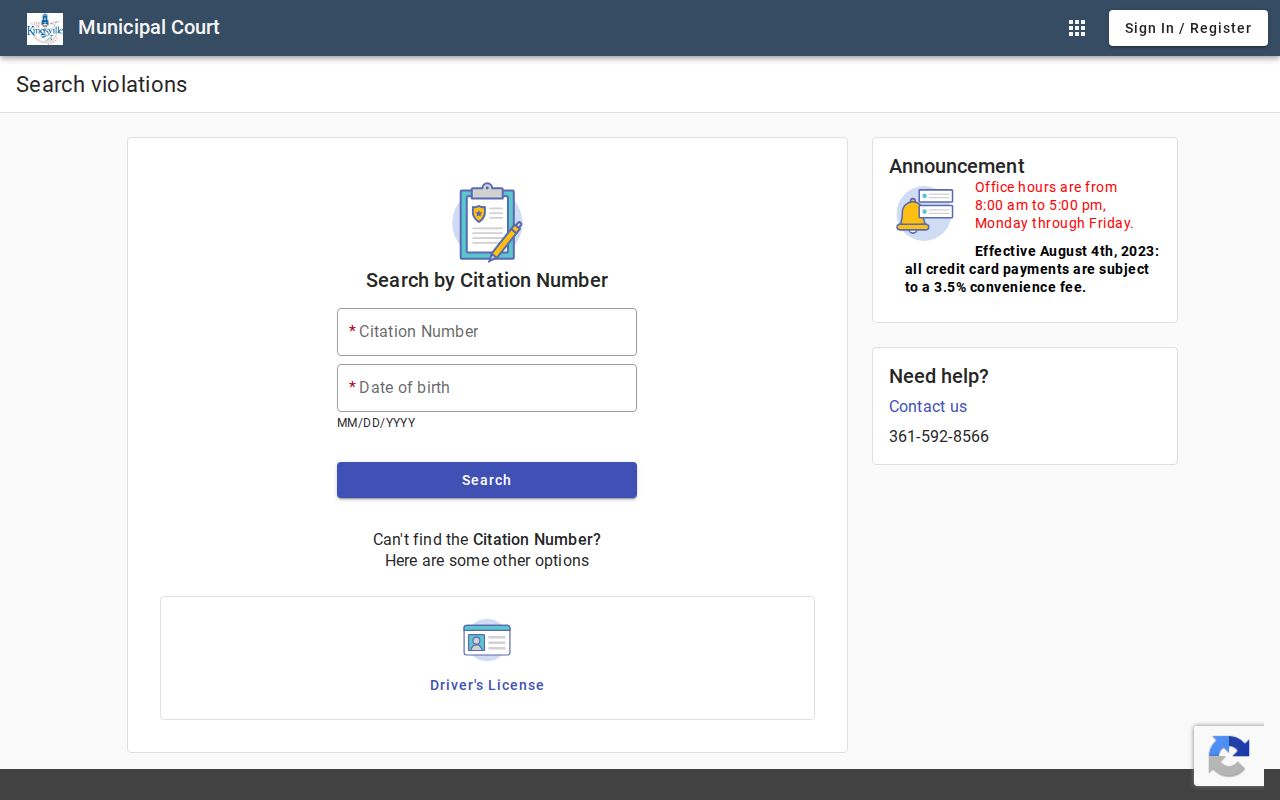 Kleberg County warrant records, Kingsville Municipal Court search interface