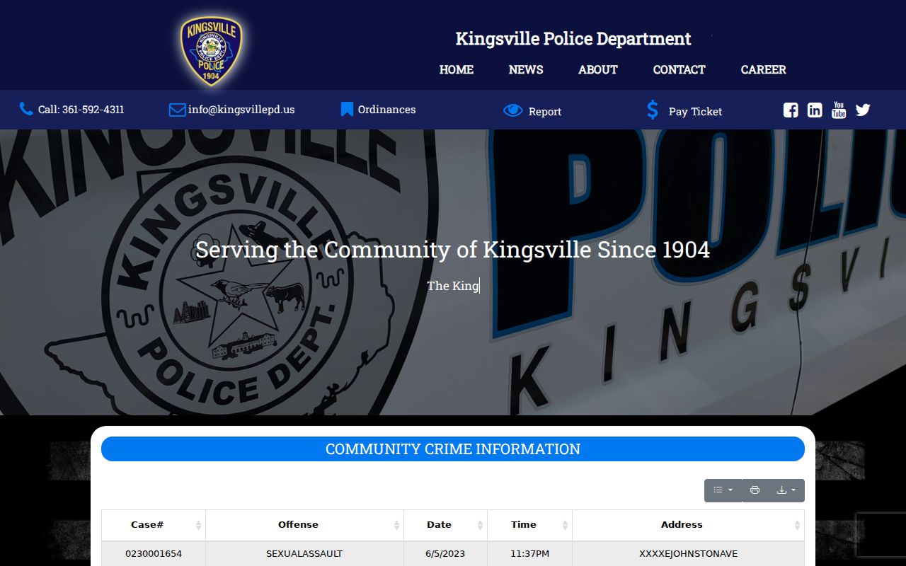 Kingsville warrant records, Police Department public contact page